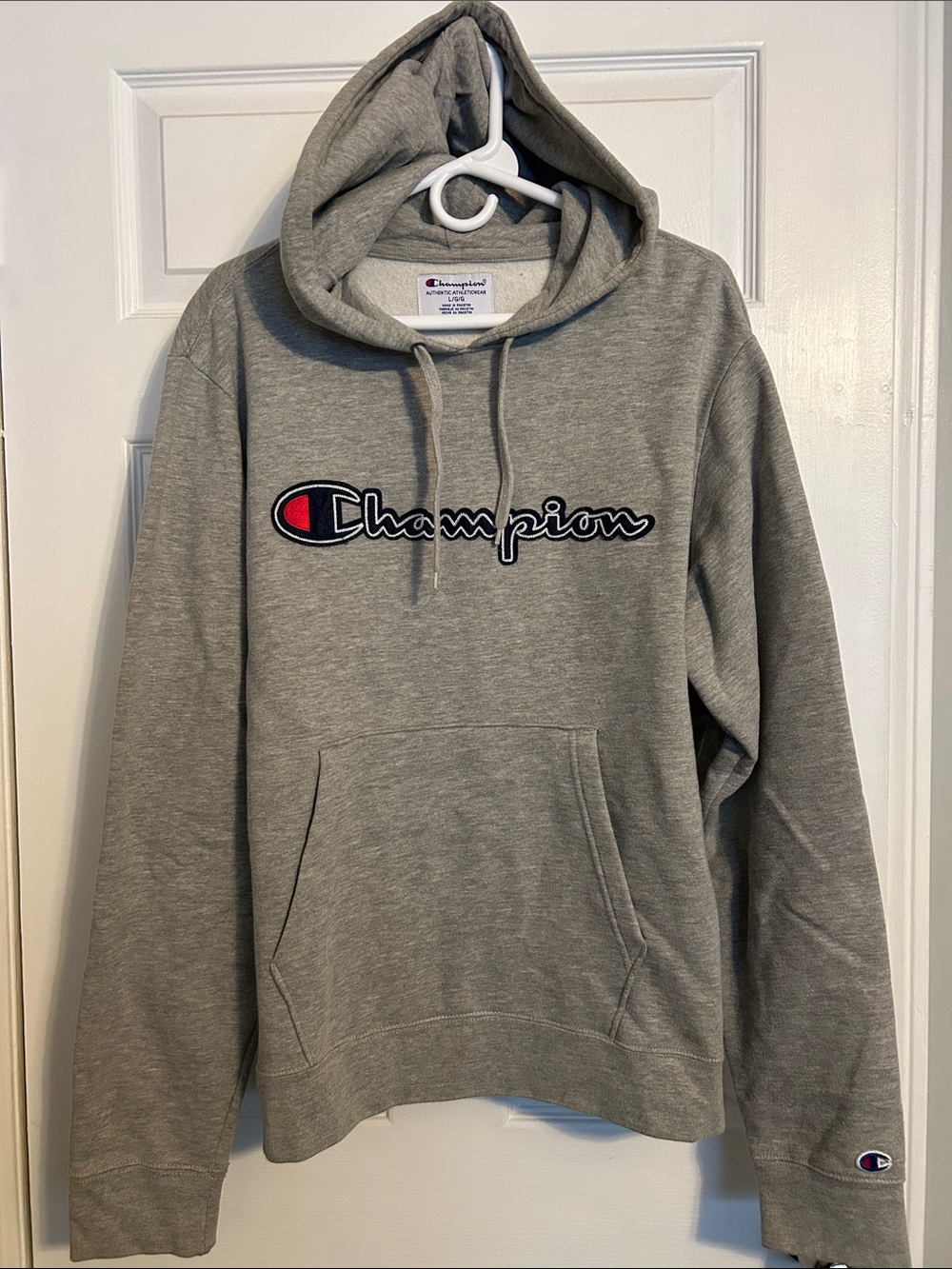 Champion Classic Gray Hoodie with Embroidered Logo and Red Accent
